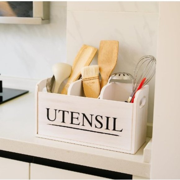 XL Farmhouse White Wooden Kitchen Utensil Holder - Cooking Utensil Organizer - Picture 8 of 16